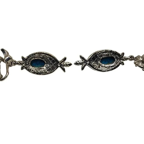 Blue Dome Stone Engraved Dangle Drop Earrings Clip on Silver Tone - Picture 2 of 2